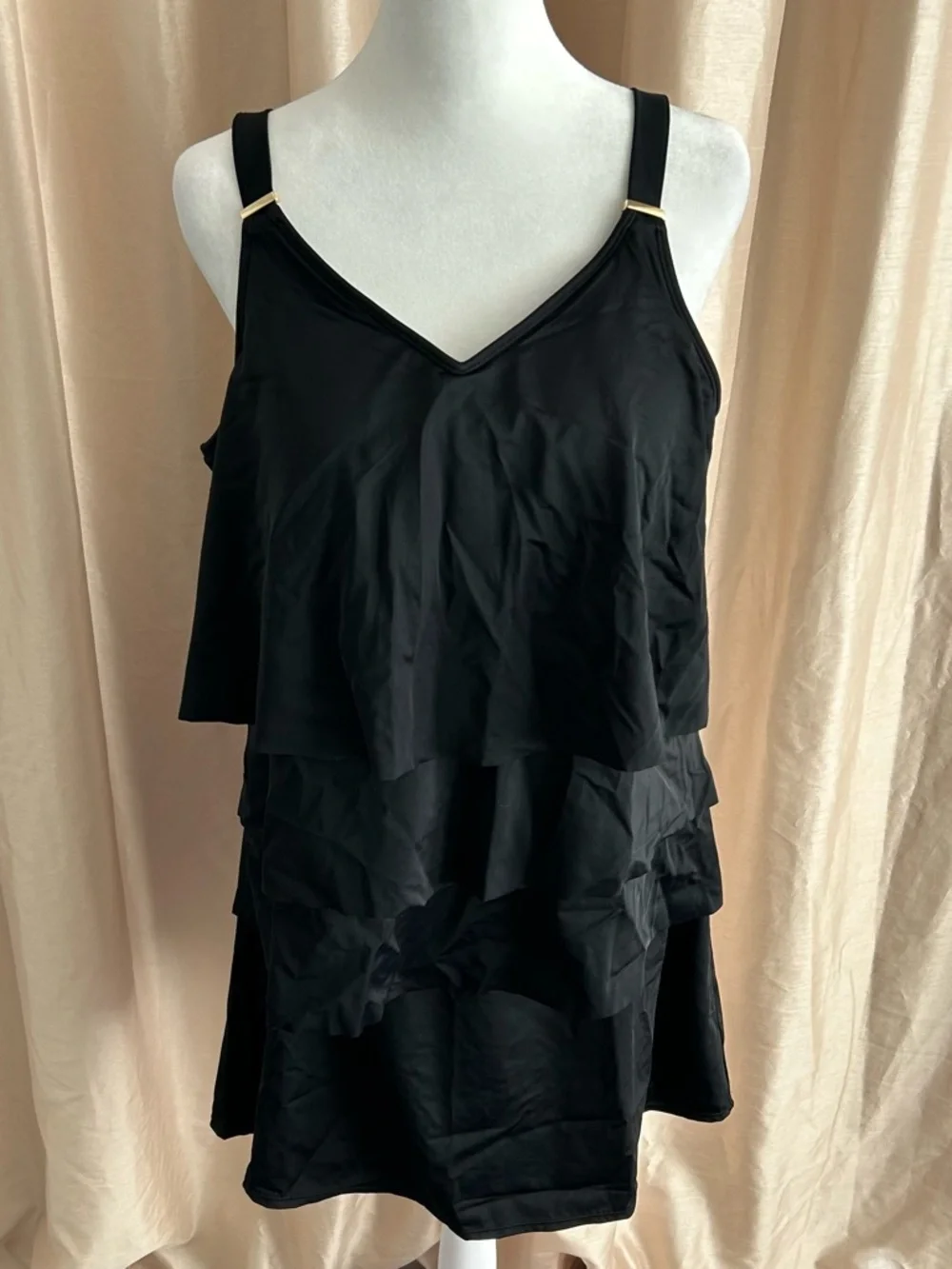 New Susan Graver Soleil Tiered Tankini with Skirt & Brief Black size 14